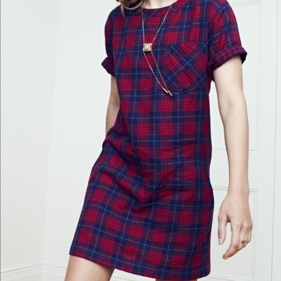 Madewell Red Blue Plaid Flannel Edina Shift Cotton Dress Size Medium - Picture 2 of 4